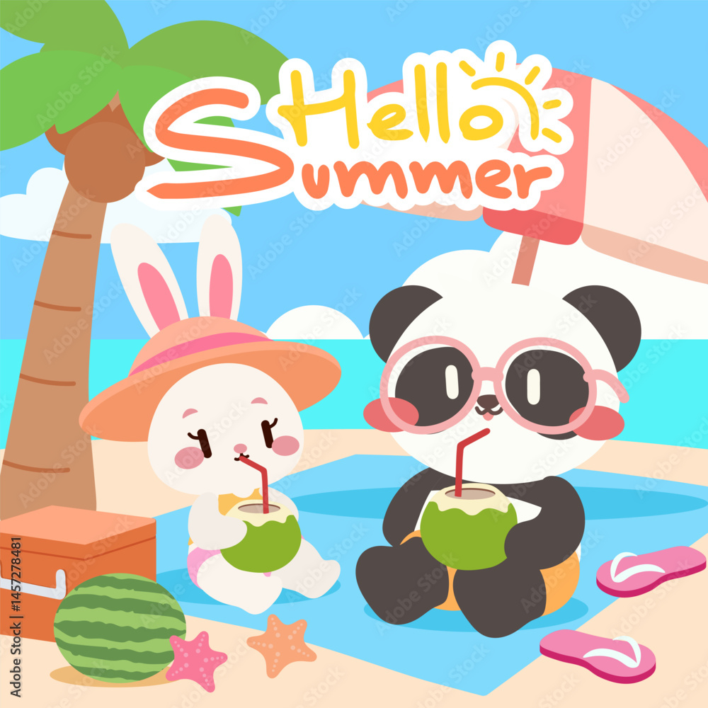 Obraz premium Kawaii Panda and Bunny on Beach Drinking Coconut. Adorable Summer Scene with Cute Bunny and Panda by the Sea. Cute Panda and Rabbit Relaxing on Tropical Beach.