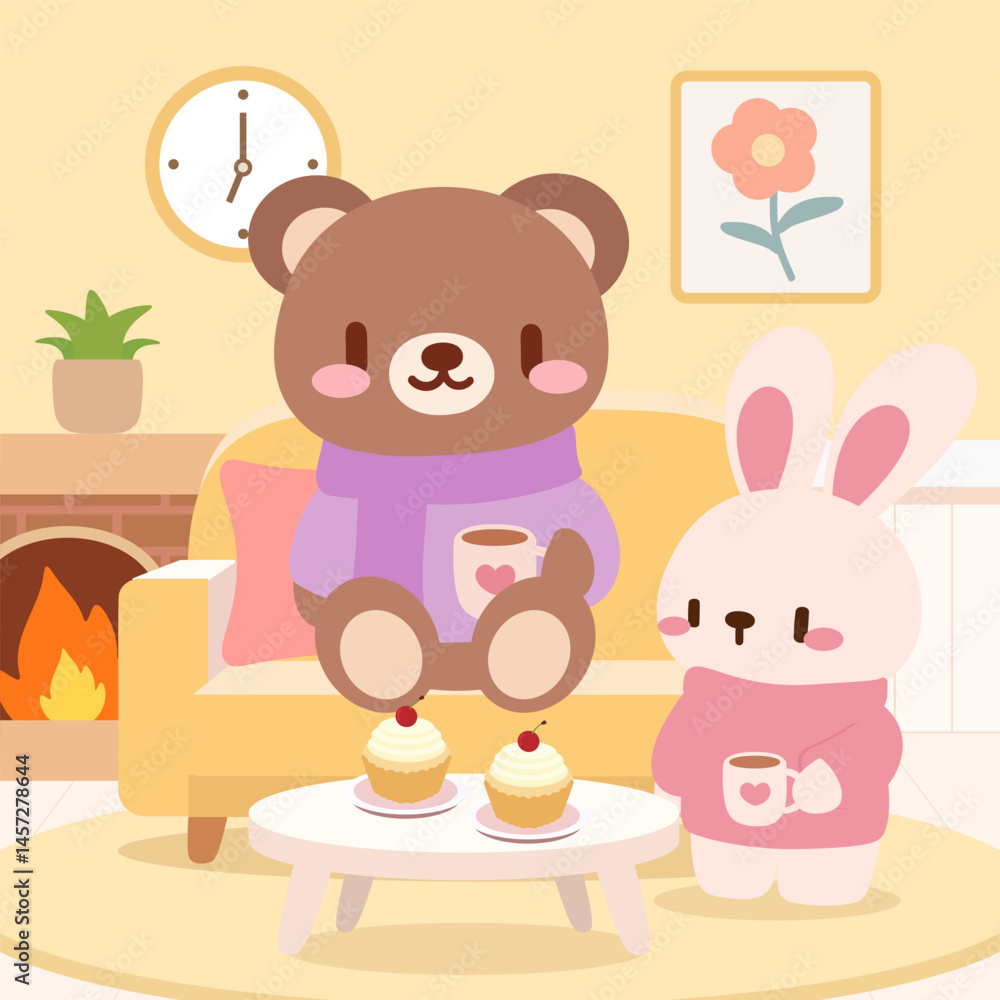 Naklejka premium Cute Bear and Bunny Drinking Hot Cocoa Indoors. Kawaii Animals Enjoying Cupcakes and Warm Drinks in Cozy Living Room. Adorable Indoor Winter Scene with Bunny and Bear.