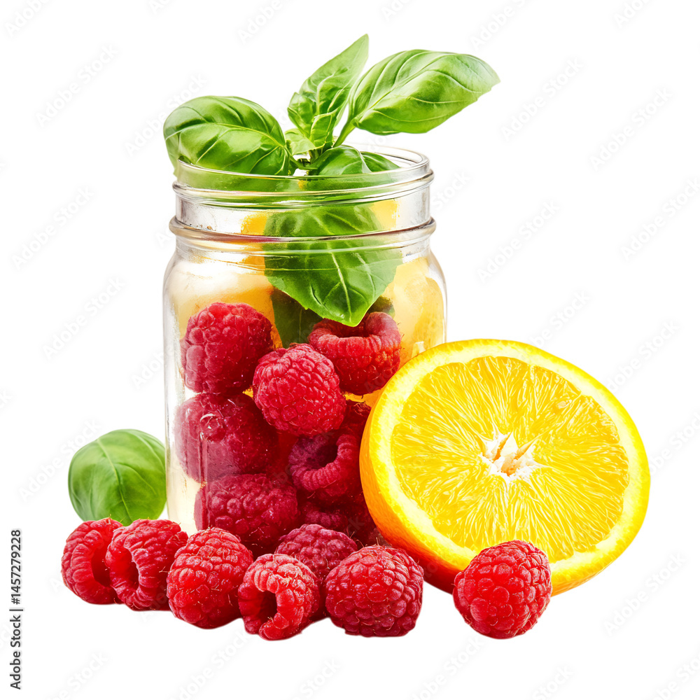 Raspberries Basil and Orange in a Mason Jar Isolated on Transparent Background Raspberries Basil and Orange in a Mason Jar Isolated on Transparent Background