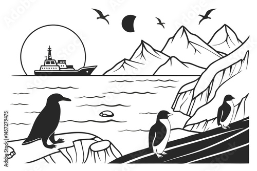 27 Arctic landscapes, minimalist black and white illustrations, icebergs, polar animals, penguins and seals, seabirds in flight, midnight sun, ocean waves, arctic explorer silhouette, research vessel,