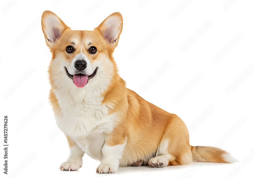A corgi dog is sitting with its tongue out and is looking at the camera on a white background space A corgi dog is sitting with its tongue out and is looking at the camera on a white background space