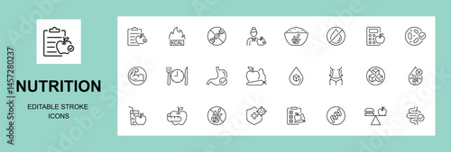 Nutrition editable stroke outline Icons set. Vitamins, calories, nutrition, fruits, vegetables, water, obesity, fiber, protein, sugar free, meal plan and carbohydrate. Vector illustration