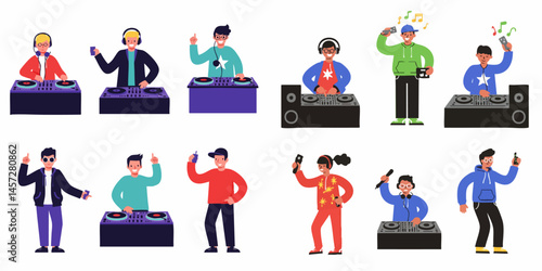 Flat Simple Minimalist DJ Disc Jockey Vector Set on White Background


