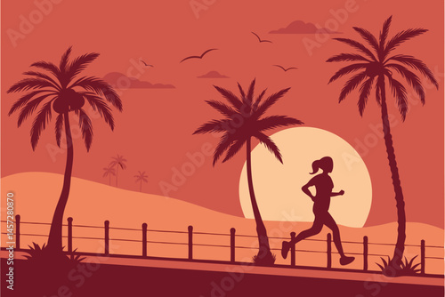 28 Sunset beach silhouette, palm trees, jogger running, tropical boardwalk, red sky, orange sun, minimalist design, vector art style, dramatic lighting, peaceful evening scene, coastal landscape, fitn