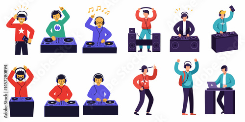 Flat Simple Minimalist DJ Disc Jockey Vector Set on White Background

