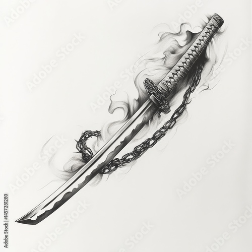 katana, draw, asian, cut, Japan, smoke, black and white, chain, weapon