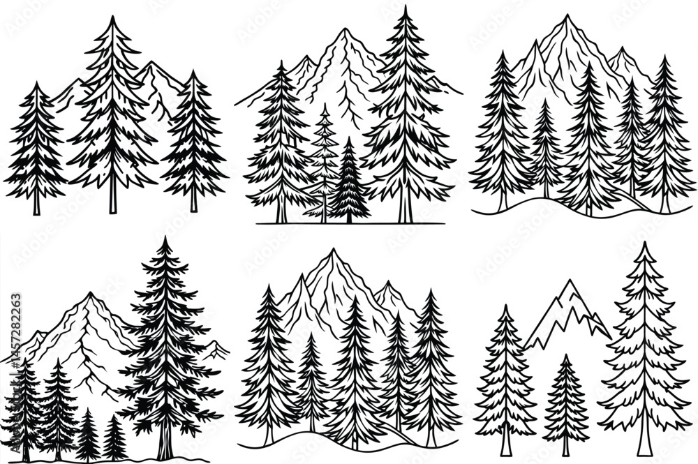Obraz premium pine tree with mountain outline vector illustration isolated on white background.