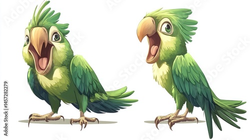 Two green parrots with open beaks, one sitting, one standing. Vector image