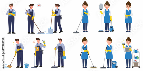 Flat Simple Minimalist Cleaning Staff Janitor Vector Set on White Background

