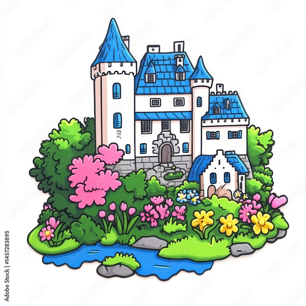 Colorful Fairy Tale Castle Surrounded by Lush Garden and Vibrant Flowers