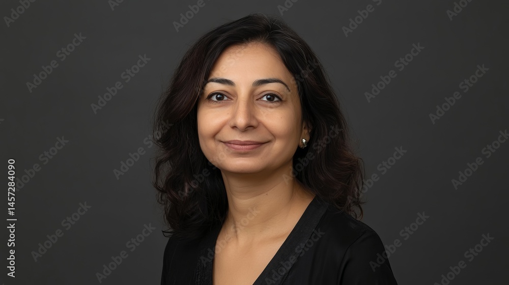 Obraz premium Portrait of a smiling woman with dark hair against a gray background professional headshot face calm