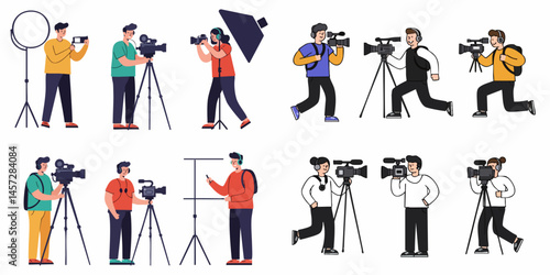 Flat Simple Minimalist Videographer Vector Set on White Background

