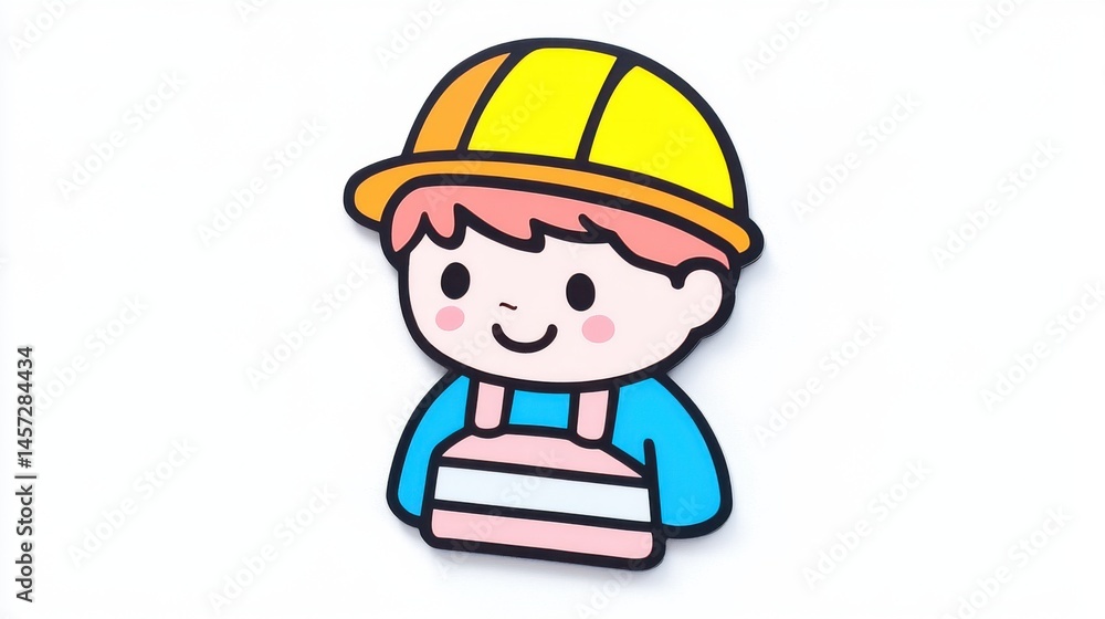 Cheerful Cartoon Worker Character with Yellow Hard Hat and Pink Overalls