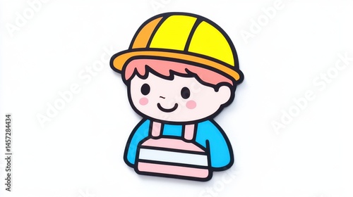 Obraz na płótnie Cheerful Cartoon Worker Character with Yellow Hard Hat and Pink Overalls w salonie