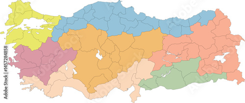 Türkiye map, 7 regions white vector background. Türkiye Regions Map. Central Anatolia, Black Sea, Eastern Anatolia, Aegean, Southeastern Anatolia, Marmara, Mediterranean