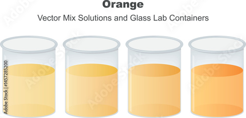 Orange solution stages. Gradual transition from light yellow to dark orange colored liquid in the bottle. Liquid in a glass laboratory beaker. Beer, whiskey, urine test. Transparency glossy glass.