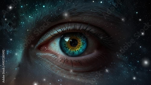 Giant eye gazing into a starry sky featuring cosmic colors  