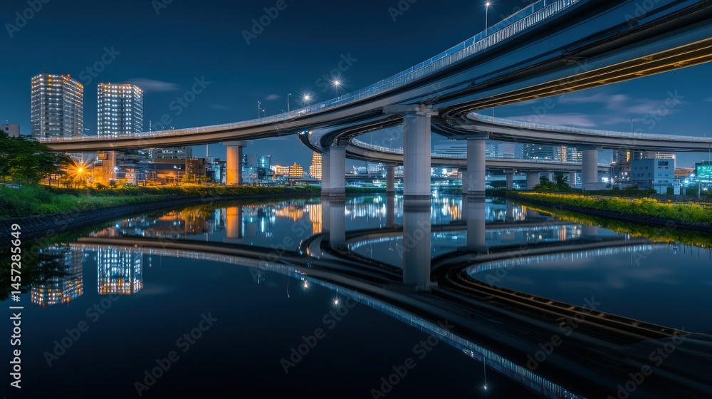 Fototapeta premium Elevated highways and city buildings reflected in calm dark waters at night