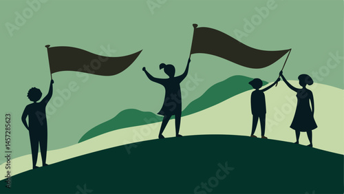 Banners in the Wind A silhouette of a group of young people standing on a hilltop holding thick fabric banners that flutter in the breeze. The banners display different slogans