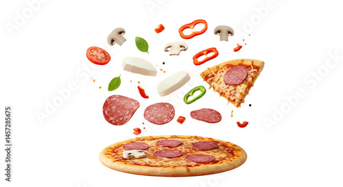 Dynamic composition of levitating pizza toppings isolated on transparent background for food design use