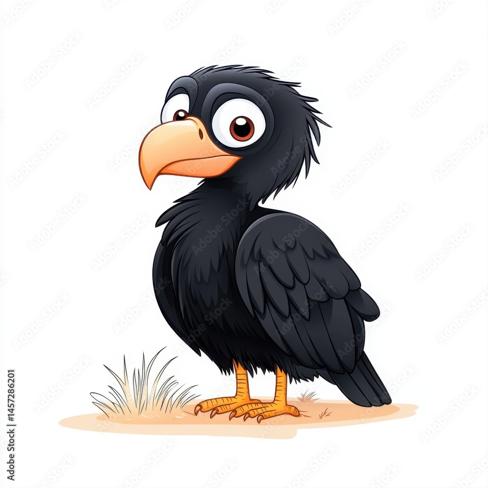 Cute Cartoon Bird with Big Eyes and Fluffy Feathers Standing on Grass