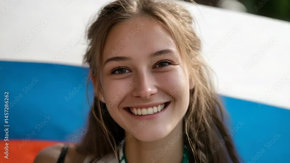 Close-up portrait of a smiling young woman with light brown hair and a Russian flag in the background, looking at the camera with joy and happiness