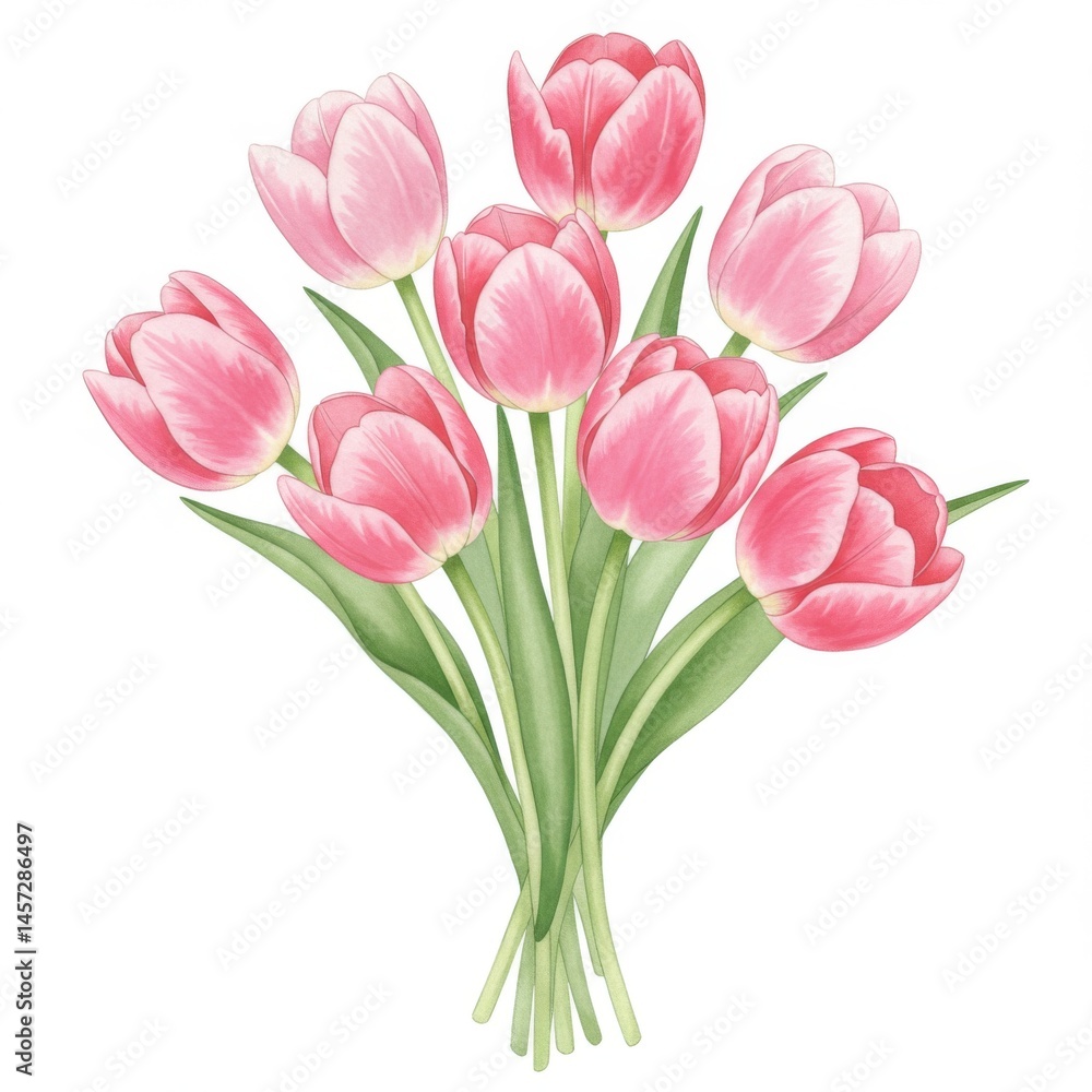 Watercolor Pink Tulip Bouquet on White Background Watercolor Pink Tulip Bouquet on White Background