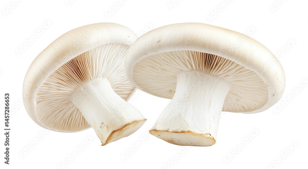 Fresh white mushrooms with gills exposed, cut out - stock png. Fresh white mushrooms with gills exposed, cut out - stock png.