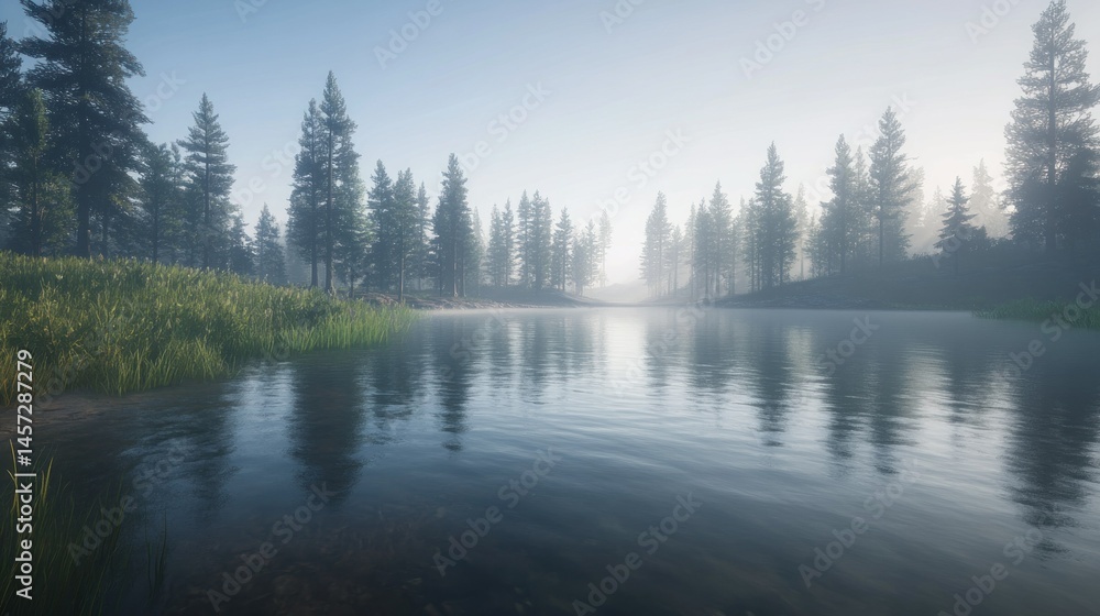 A serene misty lake surrounded by tall pine trees is shown A serene misty lake surrounded by tall pine trees is shown