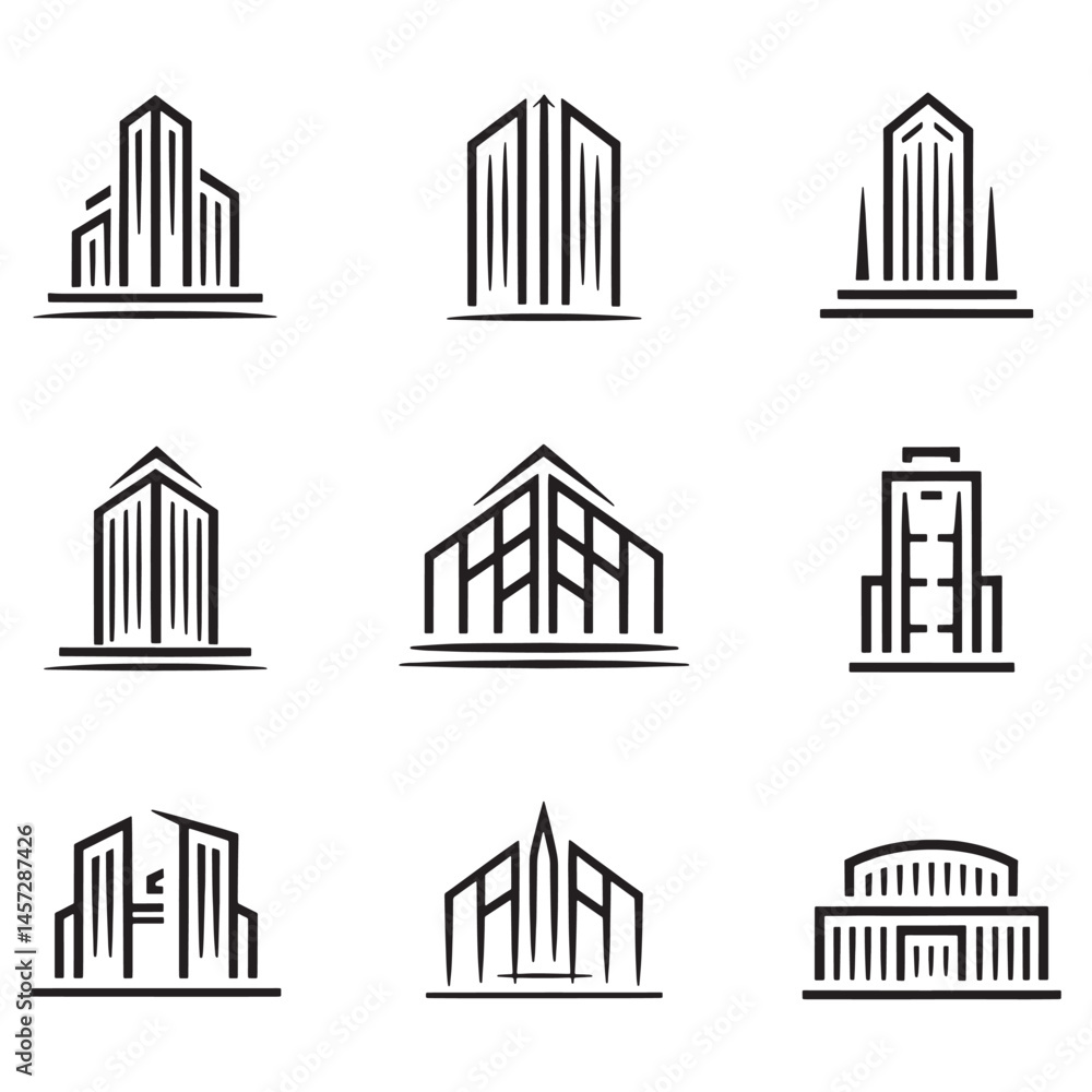 Fototapeta premium Modern Real Estate Building Icons Set, Minimalist Urban Architecture Logos