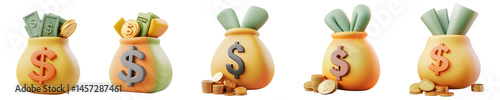 Several 3D money bags overflow with dollar bills and gold coins featuring a transparent background