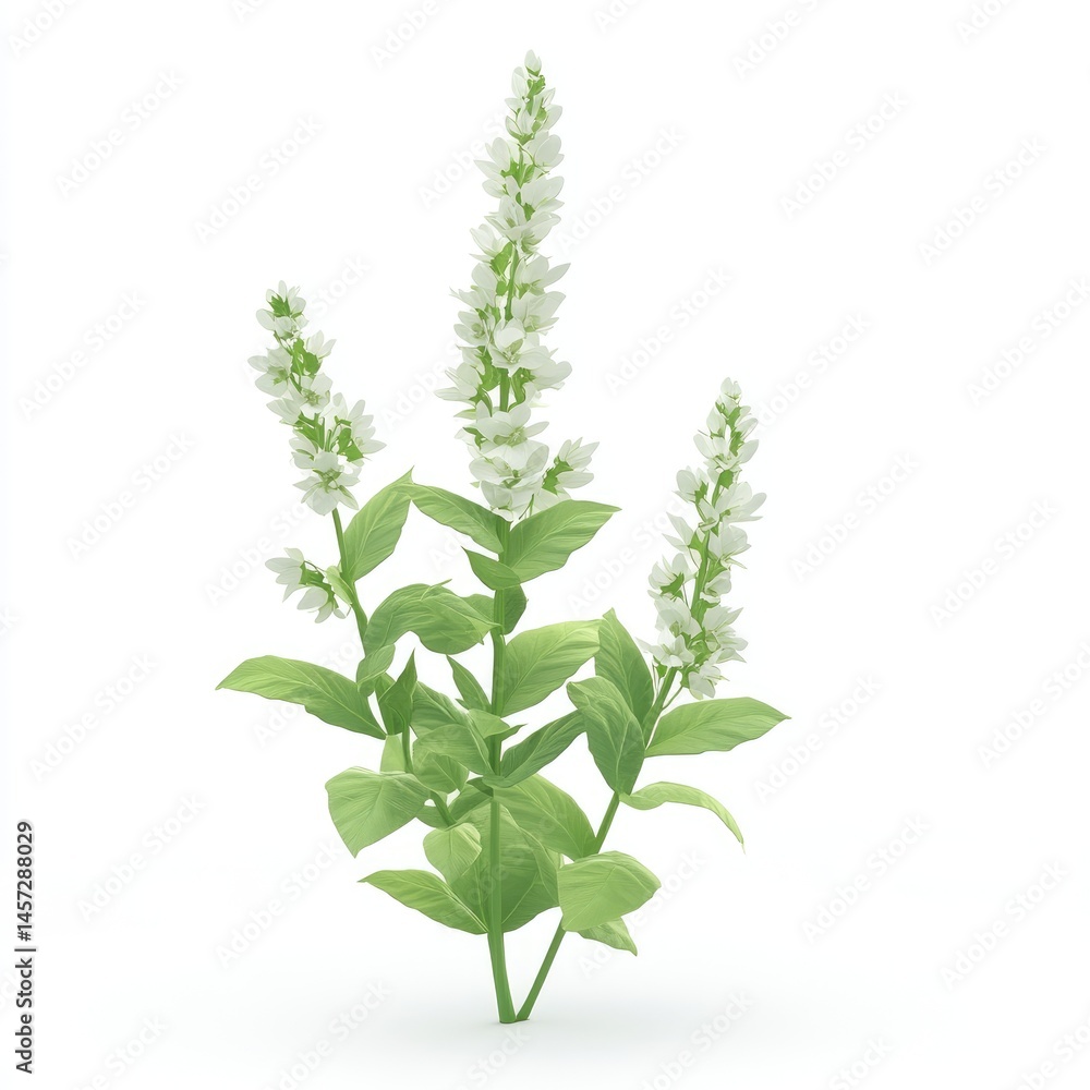 A cluster of delicate white flowers on a leafy green stem. A cluster of delicate white flowers on a leafy green stem.