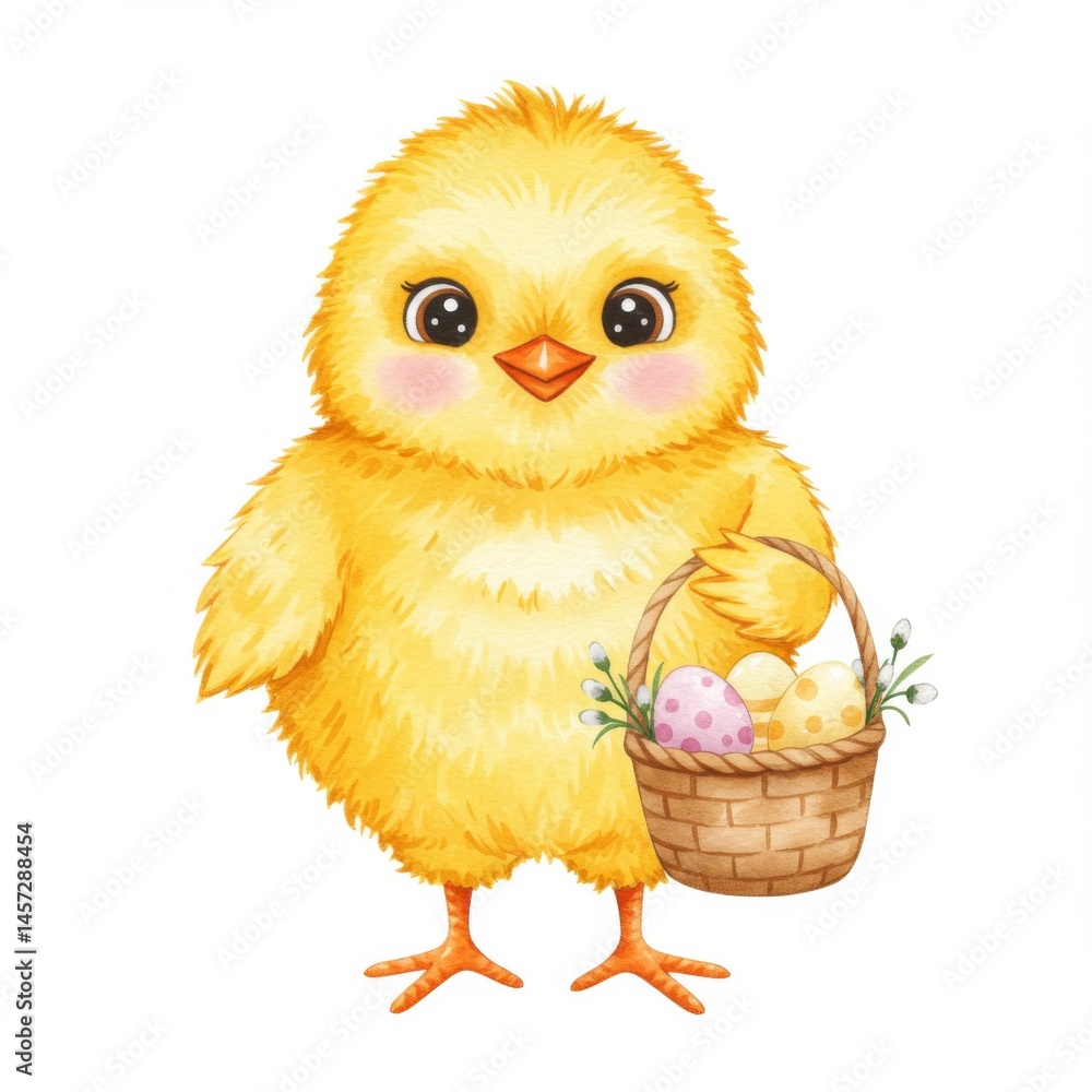 Obraz premium Adorable Yellow Fluffy Chick Holding Easter Basket