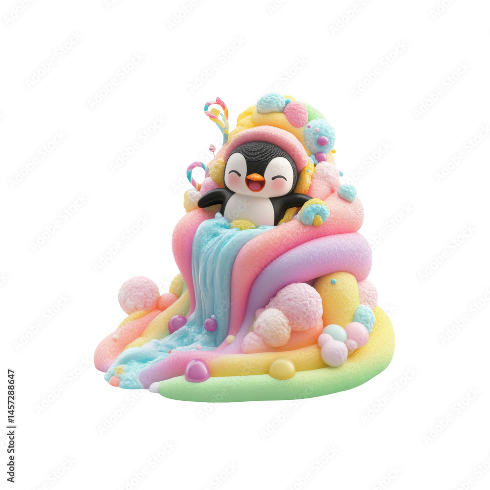 Fototapeta premium Adorable Penguin in Rainbow Slime Waterfall - Cute Cartoon Character in Pastel Candyland