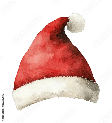 Watercolor santa hat with fluffy white trim for christmas decor, cut out - stock png.