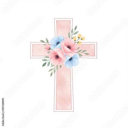 Pink Watercolor Cross with Pastel Flowers