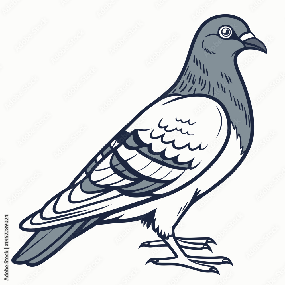 Fototapeta premium Illustrated pigeon standing in a side view with detailed feathers 
