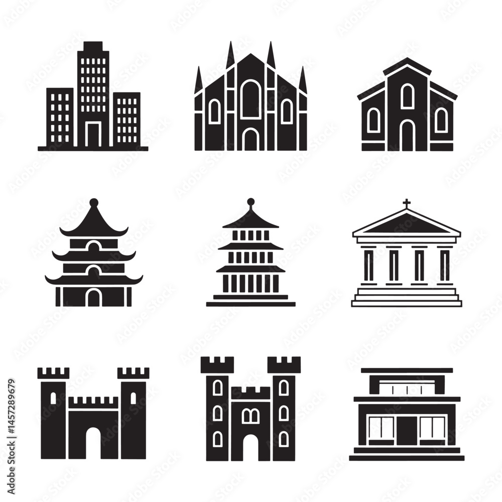 Fototapeta premium Modern Real Estate Building Icons Set, Minimalist Urban Architecture Logos