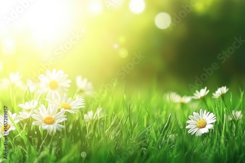 Daisies in a field of green grass with sunlight shining from the background