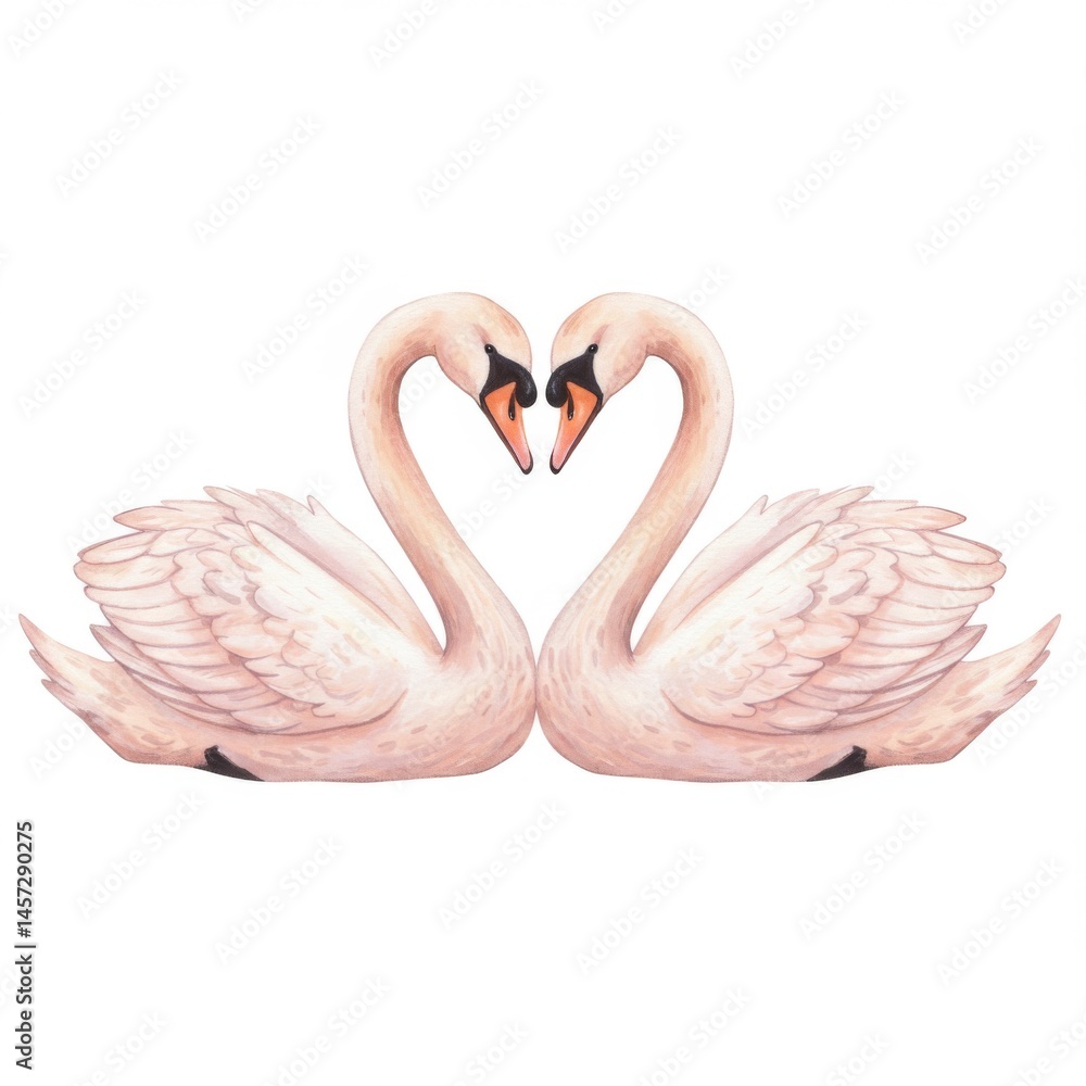 Fototapeta premium Pair of Swans Forming Heart Shape Watercolor Illustration