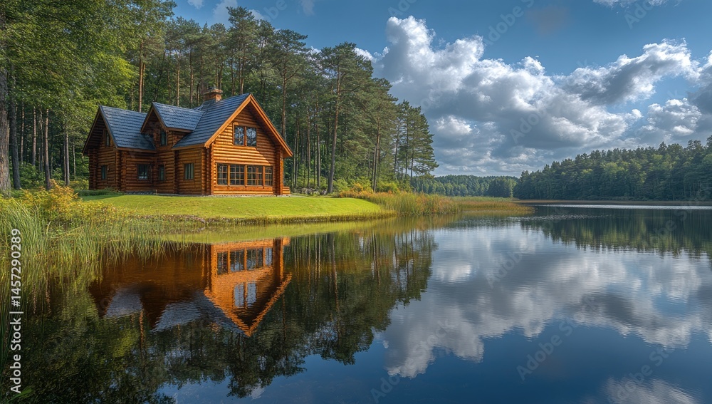Fototapeta premium Lakeside Log Cabin Reflection, Sunny Day