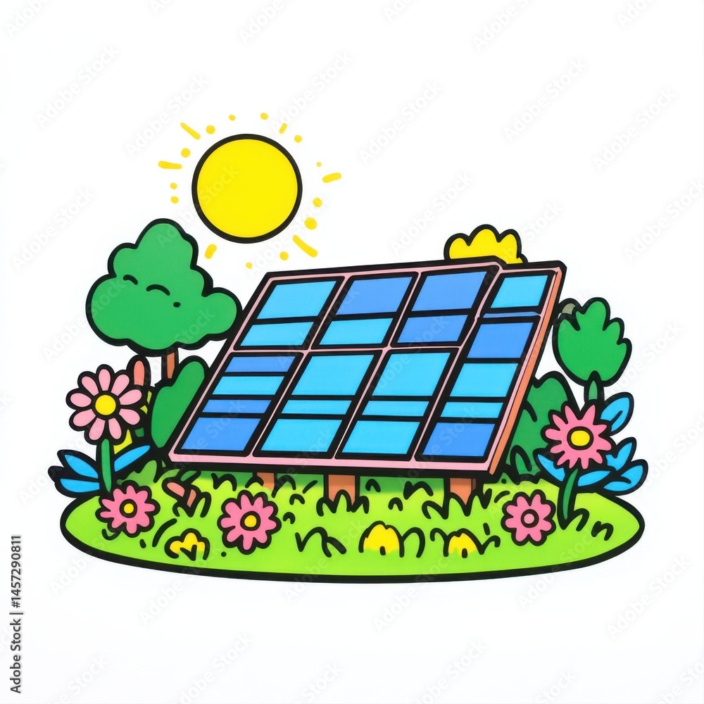 Colorful Solar Panels Surrounded by Greenery and Vibrant Flowers with Sun