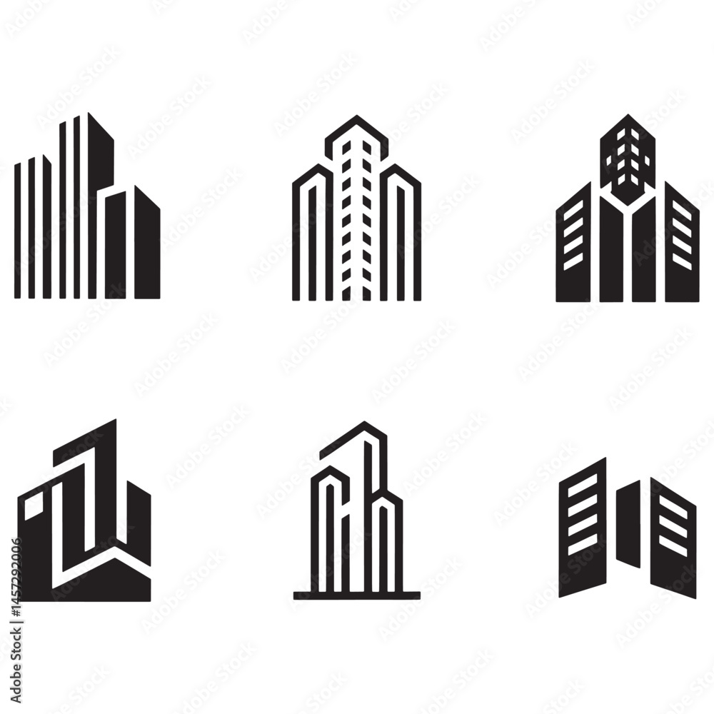 Fototapeta premium Modern Real Estate Building Icons Set, Minimalist Urban Architecture Logos