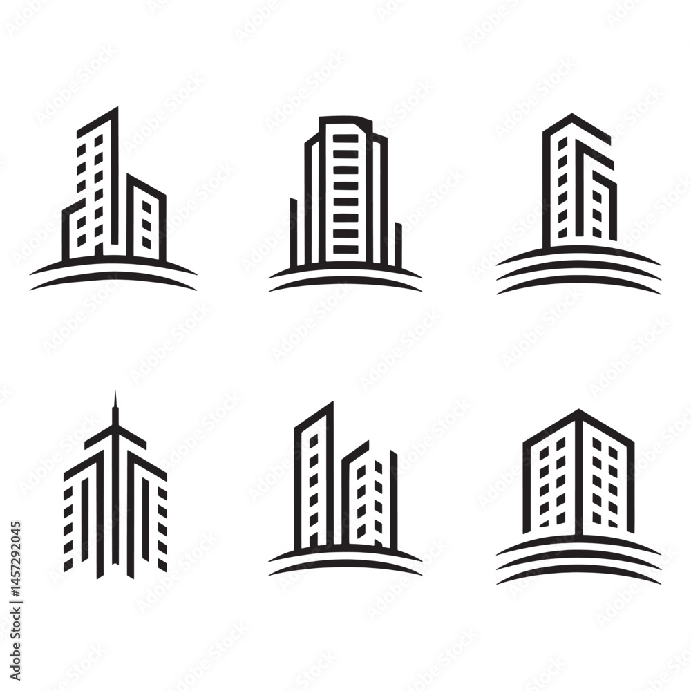 Obraz premium Modern Real Estate Building Icons Set, Minimalist Urban Architecture Logos
