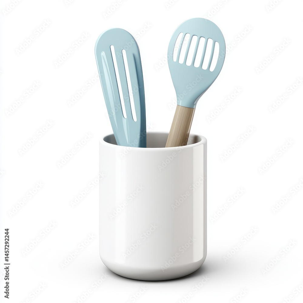 Light blue silicone kitchen utensils in a white ceramic canister. Light blue silicone kitchen utensils in a white ceramic canister.