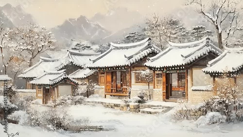 Wallpaper Mural Snow-covered traditional houses nestled in a serene mountain landscape during winter, evoking tranquility Torontodigital.ca