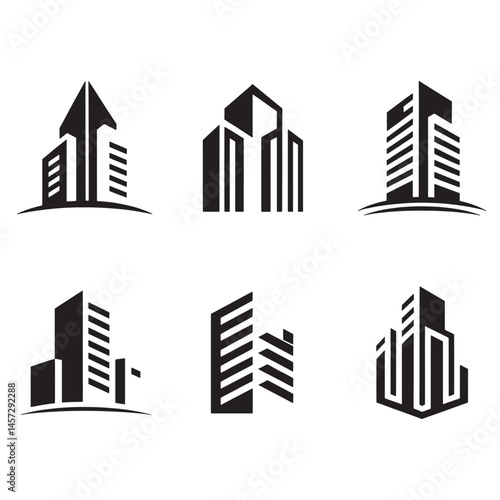 Modern Real Estate Building Icons Set, Minimalist Urban Architecture Logos