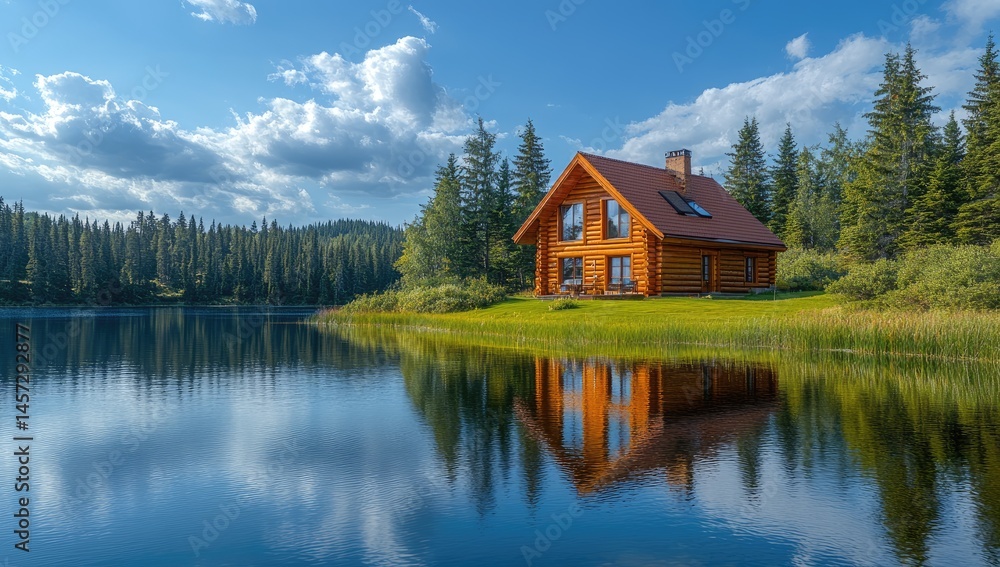 Fototapeta premium Lakeside log cabin, sunny day, forest background, vacation rental