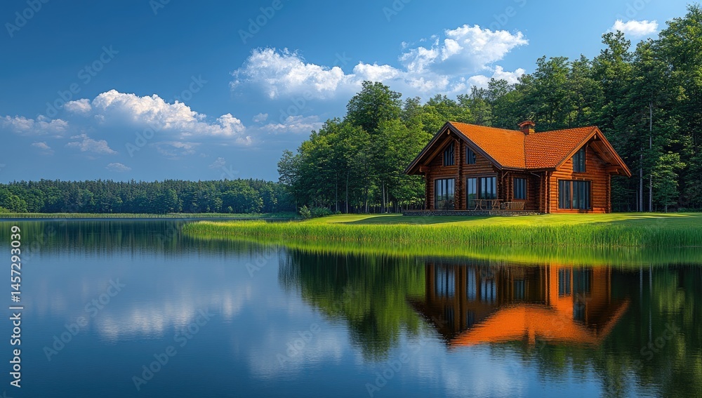 Lakeside log cabin, summer day, tranquil forest Lakeside log cabin, summer day, tranquil forest