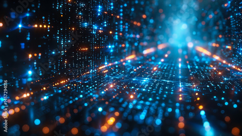 Futuristic Digital Data Stream with Vibrant Lights in Virtual Space - Concept of Artificial Intelligence, Big Data, and Network Technology at Night